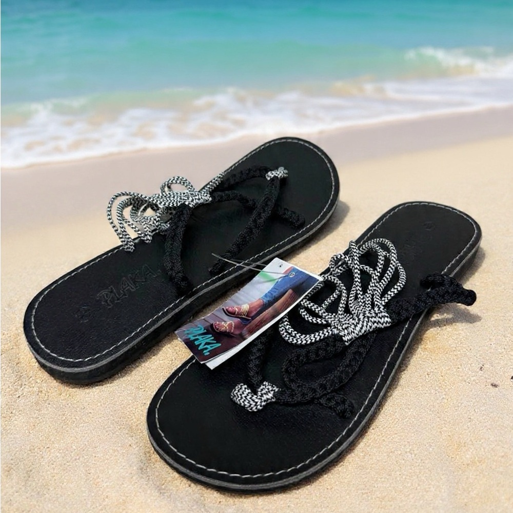 Plaka Women’s Sandals Size 10 Black Hand Woven Thong Comfort Flat